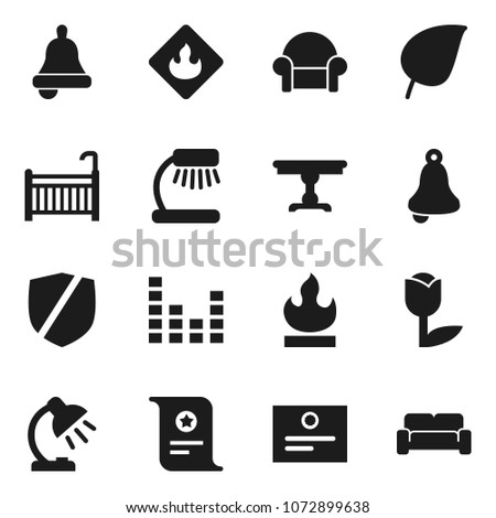 Flat vector icon set - bell vector, table lamp, certificate, leaf, tulip, protected, flammable, equalizer, crib, cushioned furniture