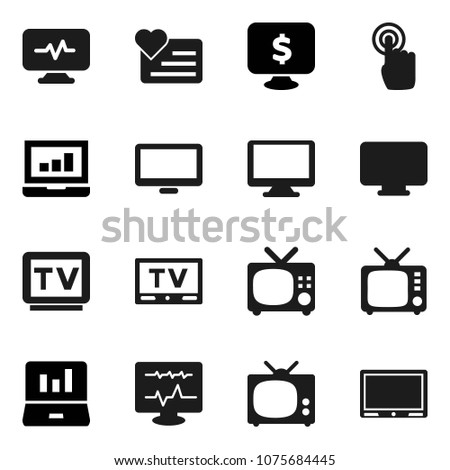 Flat vector icon set - laptop graph vector, monitor dollar, heart, tv, touchscreen, diagnostic