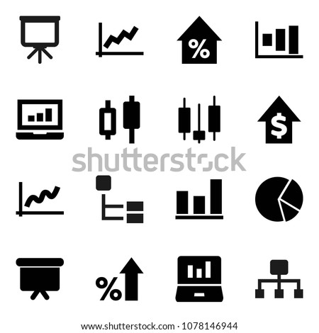 Flat vector icon set - presentation vector, graph, pie, japanese candle, laptop, percent growth, dollar, board, hierarchy