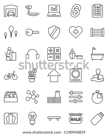 thin line vector icon set - sponge vector, bath, student, laptop graph, arrow up, scales, stopwatch, bike, skateboard, molecule, heart cross, client, port, wood box, big, headphones, sperm, shield