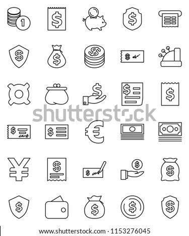 thin line vector icon set - dollar coin vector, cash, money bag, piggy bank, investment, stack, check, receipt, shield, any currency, euro sign, yen, wallet, cashbox