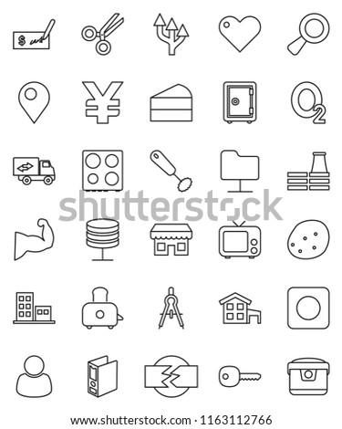 thin line vector icon set - whisk vector, toaster, oven, potato, cake, drawing compass, check, binder, safe, yen sign, muscule hand, oxygen, tv, heart, rec button, magnifier, scissors, server, key