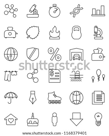 thin line vector icon set - drying clothes vector, cake, pen, microscope, leaf, graph, annual report, man, arrow down, stopwatch, roller Skates, molecule, pool, document, umbrella, protected, weight