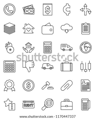 thin line vector icon set - house hold vector, case, medal, dollar coin, japanese candle, auction, calculator, personal information, cent sign, clipboard, route, earth, money, car, receipt, big data