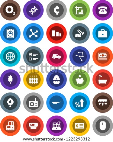 White Solid Icon Set- washer vector, pan, cook timer, cereal, case, exam, credit card, percent growth, piggy bank, receipt, cent sign, oxygen, money, phone, car, sorting, radio, internet, dna, bath