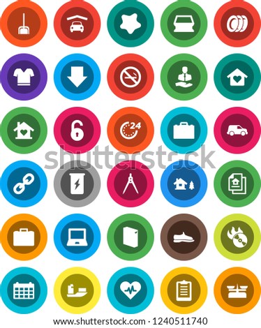 White Solid Icon Set- scoop vector, sponge, splotch, washing powder, plates, drawing compass, case, notebook pc, arrow down, calendar, clipboard, snickers, t shirt, enegry drink, no smoking, client