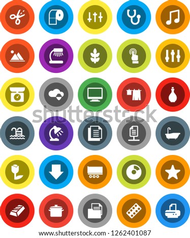 White Solid Icon Set- bath vector, drying clothes, toilet paper, pan, oil, table lamp, music, gold ingot, pie graph, arrow down, cereals, pool, truck trailer, document, tulip, settings, touchscreen