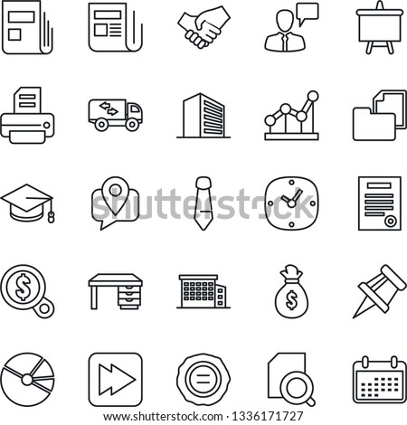 Thin Line Icon Set - speaking man vector, office building, graduate, desk, tie, presentation board, stamp, printer, mobile tracking, folder document, news, fast forward, clock, drawing pin, search