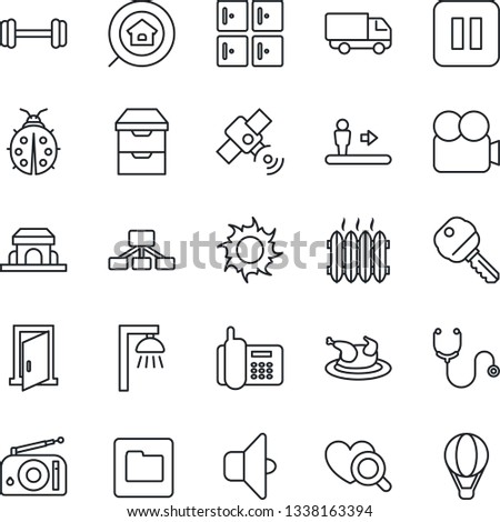 Thin Line Icon Set - escalator vector, checkroom, lady bug, sun, stethoscope, heart diagnostic, barbell, office phone, car delivery, radio, satellite, video camera, pause button, archive chest, key