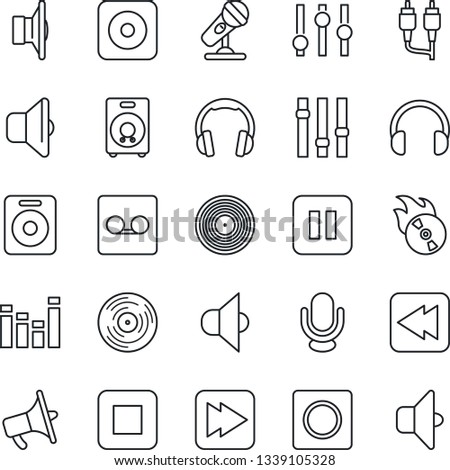 Thin Line Icon Set - vinyl vector, flame disk, microphone, speaker, loudspeaker, settings, equalizer, headphones, pause button, stop, fast forward, rewind, rec, rca, record, sound