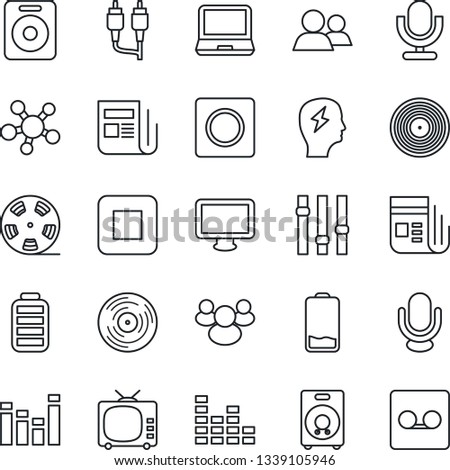 Thin Line Icon Set - brainstorm vector, reel, vinyl, news, tv, settings, equalizer, microphone, monitor, laptop pc, share, speaker, group, battery, low, stop button, rca, record