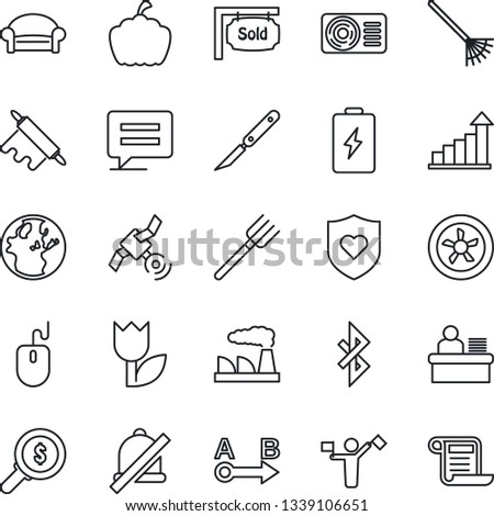 Thin Line Icon Set - dispatcher vector, waiting area, growth statistic, mouse, factory, farm fork, rake, pumpkin, scalpel, heart shield, tulip, route, satellite, message, mute, bluetooth, fan, earth