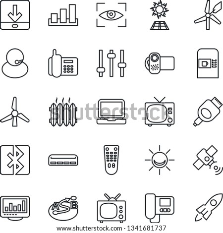 Thin Line Icon Set - coffee machine vector, tv, office phone, support, sorting, route, satellite, video camera, remote control, laptop pc, hdmi, tuning, download, bluetooth, monitor statistics