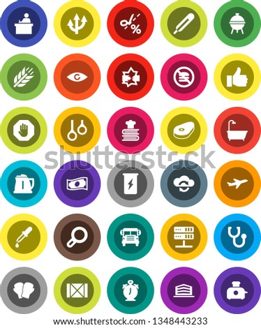 White Solid Icon Set- kettle vector, cookbook, bbq, steak, student, alarm clock, school bus, cash, boxing glove, enegry drink, cereals, no fastfood, gymnast rings, plane, wood box, finger up, eye