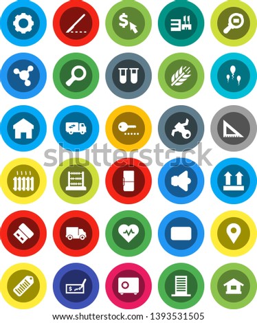 White Solid Icon Set- corner ruler vector, abacus, molecule, magnifier, check, safe, dollar cursor, heart pulse, cereals, satellite, delivery, top sign, cargo search, barcode, speaker, mail, vial