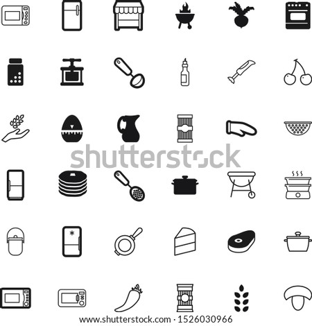 food vector icon set such as: one, aero, fitness, eating, farm, cayenne, editable, strainer, mushroom, baking, frying, steak, breakfast, colander, trip, campfire, sell, stove, doodle, fry, power