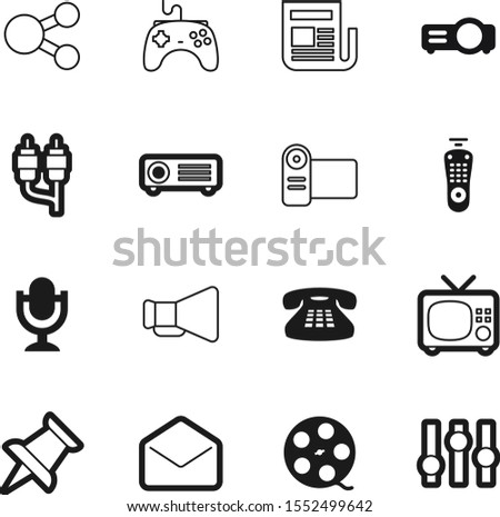 media vector icon set such as: envelope, remote, switch, channel, jack, joystick, microphone, photography, musical, show, announcement, press, network, website, letter, style, hardware, game, noise