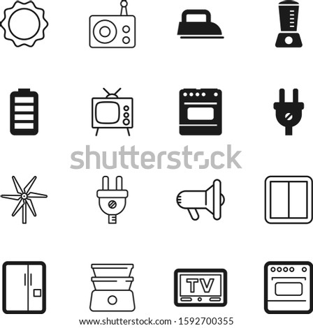 electric vector icon set such as: announcement, fridge, industry, acid, fuel, radio, windmill, plastic, blender, fresh, battery, microphone, renewable, service, megaphone, off, blue, cloth, megafone