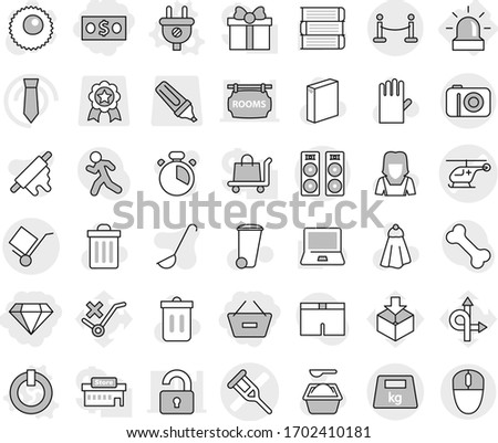 Editable thin line isolated vector icon set - money, remove from basket, diamond, crutch vector, ambulance helicopter, trolley, heavy, vip fence, alarm, on off button, plug, towel, trash bin, ladle