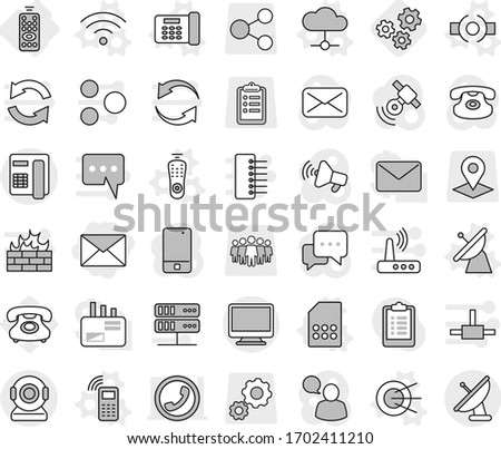 Editable thin line isolated vector icon set - mail, remote control, connect vector, satellite antenna, mobile phone, cloud, office, wireless, sim card, gears, clipboard, pointer, share, gear, team