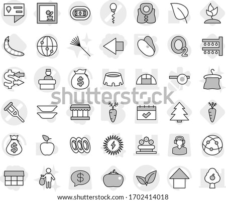 Editable thin line isolated vector icon set - market, left arrow, crutch vector, sperm, leafs, hospital recieption, greenhouse, flower bed, stadium, location details, life vest, in window, beans, up