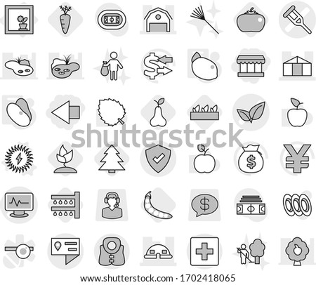 Editable thin line isolated vector icon set - market, left arrow, crutch vector, monitor pulse, leafs, barn, dome house, greenhouse, location details, protected, first aid, life vest, solar power