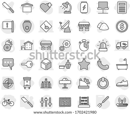 Editable thin line isolated vector icon set - cashbox, calculator, bike, under construction, 3d, important flag, restaurant, hotel, key, alarm, on off button vector, satellite antenna, big fork