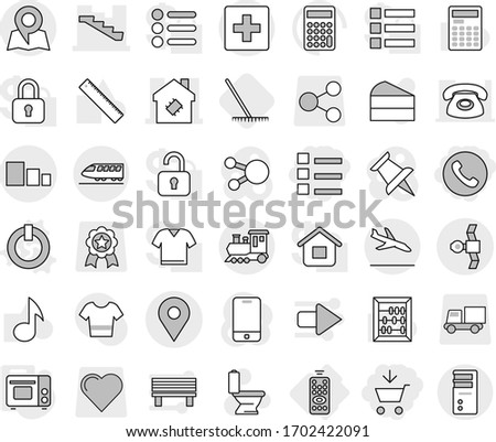 Editable thin line isolated vector icon set - add to cart, list, phone, stairs, smart house, geo pin, satellite, sorting, train, arrival, first aid, map, remote control, on off button vector, rake