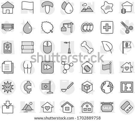 Editable thin line isolated vector icon set - medical flag vector, virus, house, outdoor light, loading, first aid, 3d, ladle, mushroom, splotch, plates, drop, book, molecule, leaf, dollar, buttocks