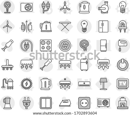 Editable thin line isolated vector icon set - cooler fan, air conditioning, power socket, switch, iron board, fridge, floor lamp, magnetic field vector, bulb, led, on off button, windmill, solar, tv
