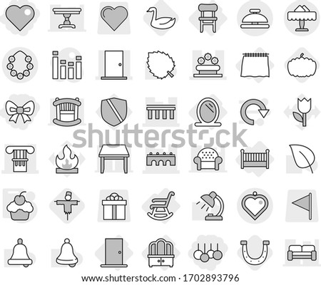 Editable thin line isolated vector icon set - bow, sale, heart, column, bridge, door, flower bed, hawaiian wreath, restaurant, pendant, service bell, mirror, curtain, dresser, chair, crib, rocking