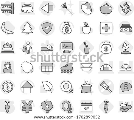 Editable thin line isolated vector icon set - market, left arrow, crutch vector, monitor pulse, dome house, greenhouse, flower bed, stadium, protected, first aid, beans, carrot, watering, seedling