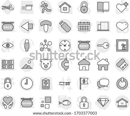Editable thin line isolated vector icon set - left arrow, diamond, calendar, health care vector, panel house, clock, key, landscape, flower in window, on off button, lock, mushroom, fish, scissors