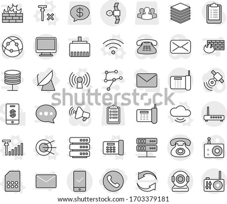 Editable thin line isolated vector icon set - phone, satellite, mobile checking, antenna, vector, cloud service, office, wireless, sim card, signal, no, clipboard, group, money message, radio, mail