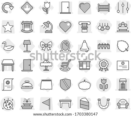 Editable thin line isolated vector icon set - bow, sale, heart, equalizer, medal, column, bridge, building, door, fountain, flower bed, perishable, disco ball, restaurant, service bell, mirror, crib