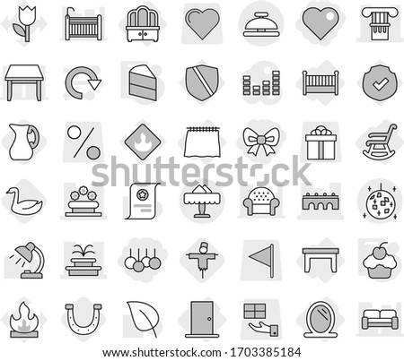 Editable thin line isolated vector icon set - bow, sale, heart, column, bridge, fountain, flower bed, disco ball, restaurant, service bell, mirror, curtain, table, dresser, crib, door, rocking chair