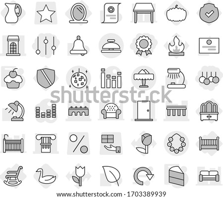 Editable thin line isolated vector icon set - sale, equalizer, medal, column, bridge, building, door, hawaiian wreath, disco ball, restaurant, service bell, mirror, dresser, crib, rocking chair, jug