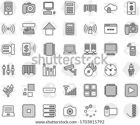 Editable thin line isolated vector icon set - mobile pay, market scales, calculator, spark plug, location, bar code, intercome, surveillance camera, chip vector, cpu, antenna, phone, server, setup