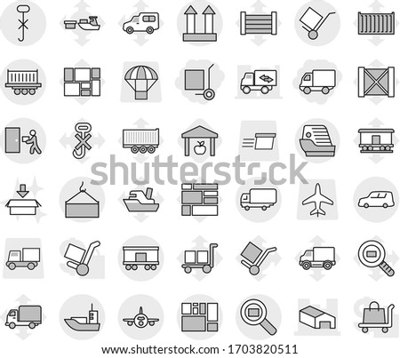 Editable thin line isolated vector icon set - delivery, cargo stoller, warehouse, plane, sea shipping, truck, car, loading crane, consolidated, trolley, top sign, do not hook, courier, search, port