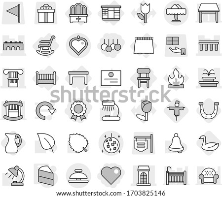 Editable thin line isolated vector icon set - sale, heart, medal, column, bridge, building, fountain, disco ball, restaurant, pendant, service bell, curtain, table, wardrobe, dresser, chair, crib