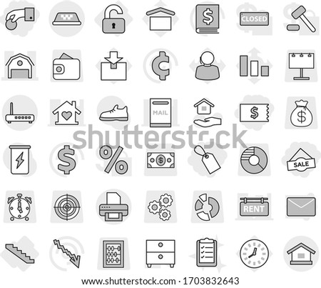 Editable thin line isolated vector icon set - hand coin, receipt, label, sale, barn, taxi, unlocked, stairs, house hold vector, clipboard list, archive, crisis, annual report, cent sign, dollar