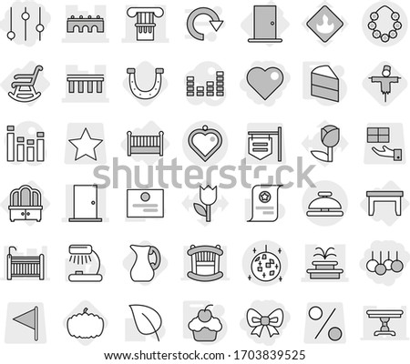 Editable thin line isolated vector icon set - bow, sale, heart, equalizer, column, bridge, door, fountain, hawaiian wreath, disco ball, pendant, service bell, table, dresser, crib, rocking chair