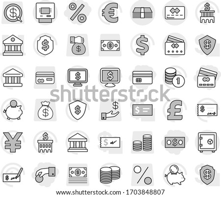 Editable thin line isolated vector icon set - hand coin, money, credit card, percent, library, atm, safe, bank vector, piggy, stack, check, building, dollar shield, monitor, euro sign, pound, yen