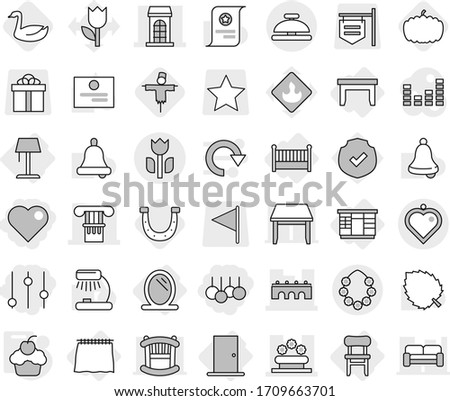 Editable thin line isolated vector icon set - sale, heart, equalizer, column, bridge, building, flower bed, perishable, hawaiian wreath, pendant, service bell, mirror, curtain, table, wardrobe, crib