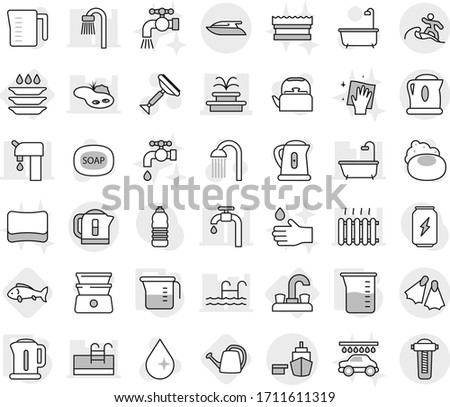 Editable thin line isolated vector icon set - fountain, port, flippers, surfer, yacht, water tap, plate washing, kettle, measuring cup, fish, watering can, soap vector, scraper, drop, bath, shower