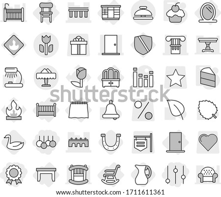 Editable thin line isolated vector icon set - sale, equalizer, medal, column, bridge, door, perishable, restaurant, service bell, mirror, curtain, table, wardrobe, dresser, chair, crib, rocking, jug