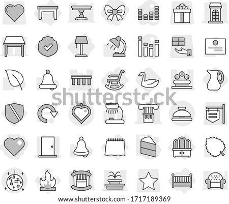 Editable thin line isolated vector icon set - bow, heart, column, bridge, building, door, fountain, flower bed, disco ball, pendant, service bell, curtain, table, dresser, crib, rocking chair, cake