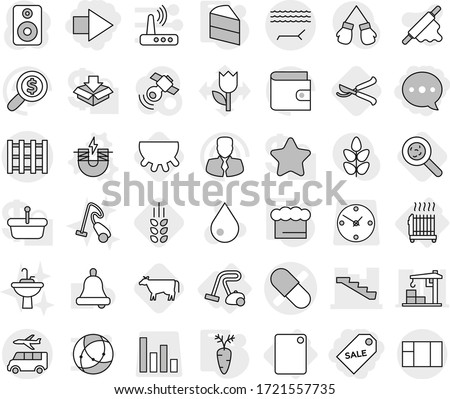 Editable thin line isolated vector icon set - sale label, right arrow, balloon, pill vector, stairs, pallet, lounger, transfer, radiator, cutting board, vacuum cleaner, electric magnet, chief hat