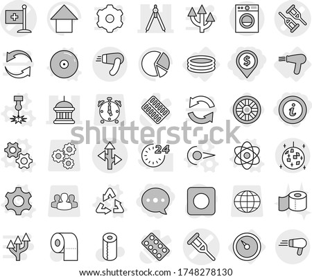 Editable thin line isolated vector icon set - dollar pin, balloon, info, crutch vector, medical flag, goverment house, drawing compasses, route, disco ball, barometer, inflatable pool, hair dryer