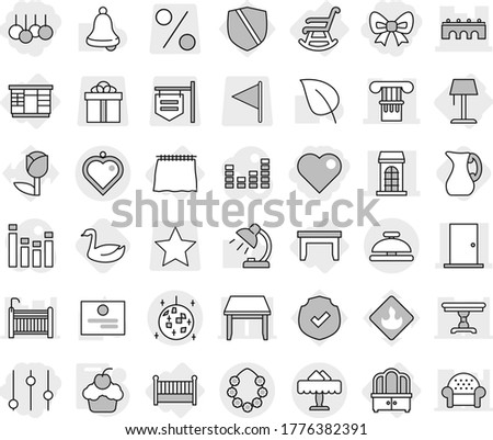 Editable thin line isolated vector icon set - bow, sale, heart, equalizer, column, bridge, building, door, hawaiian wreath, disco ball, restaurant, pendant, service bell, curtain, table, wardrobe